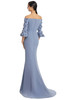 Back view of Alexander by Daymor 3273 delphi blue crepe mother of the bride gown with covered buttons
