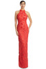 Front view of Alexander by Daymor 3277 coral lace mother of the bride gown with sheath silhouette