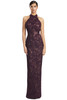Front view of Alexander by Daymor 3277 aubergine lace mother of the bride gown with 3D floral appliques