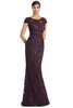 Front view of Alexander by Daymor 3279 aubergine lace mother of the bride gown with floral lace detailing