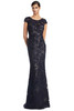 Front view of Alexander by Daymor 3279 dark navy lace mother of the bride gown with fitted silhouette