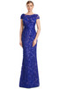 Front view of Alexander by Daymor 3279 sapphire lace mother of the bride gown with cap sleeves