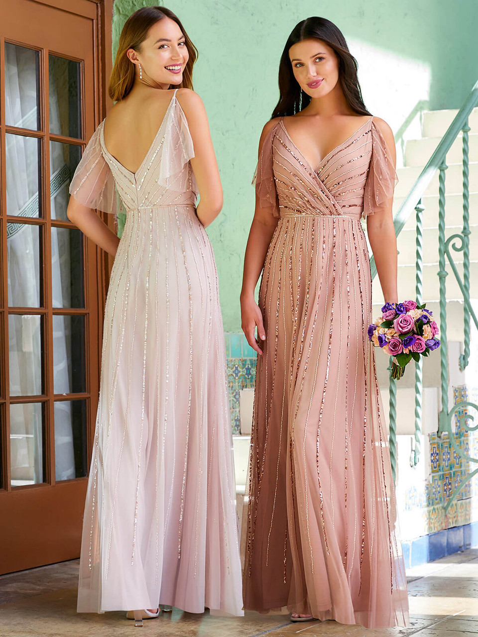 V neck Flutter Sleeve Adrianna Papell Bridesmaid Dress 40323