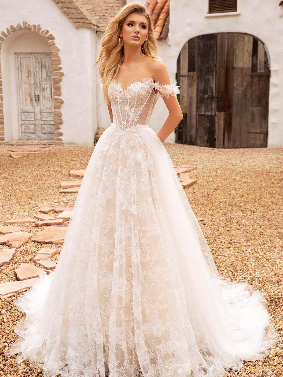 Off The Shoulder Lace Ball Gown Wedding Dress