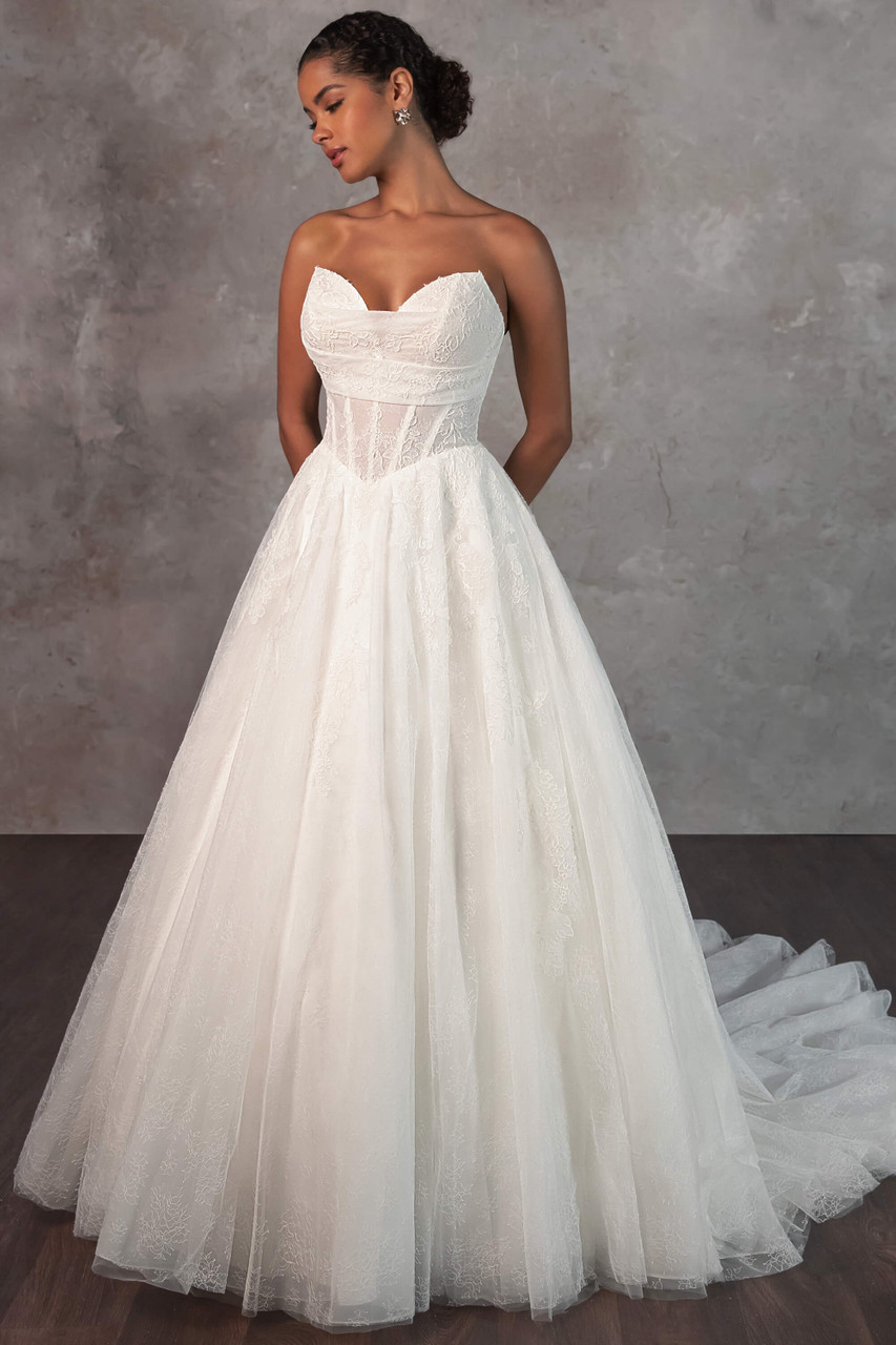 wedding dress die cut DreamDress By PMN Lucille Fit & Flare Wedding Dress Gown Illusion Cut-Out Odice & Back With Lace Applique Fully Floral Beaded Chapel