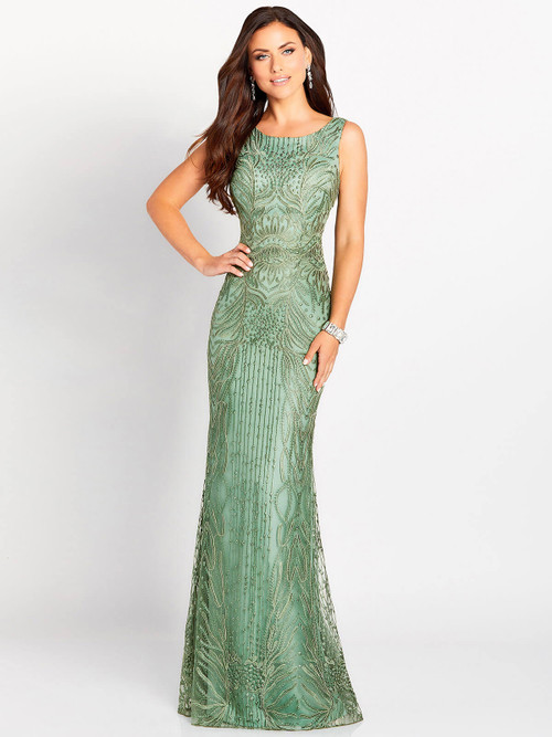 Sage beaded gown with bateau neckline and fitted silhouette