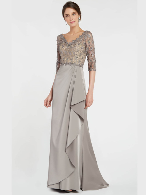Front view of Alyce Paris MOB gown 27260 in Charcoal with beaded lace bodice, V-neck, and sleek straight skirt Front view of Alyce Paris MOB gown 27260 in Charcoal with beaded lace bodice, V-neck, and sleek straight skirt