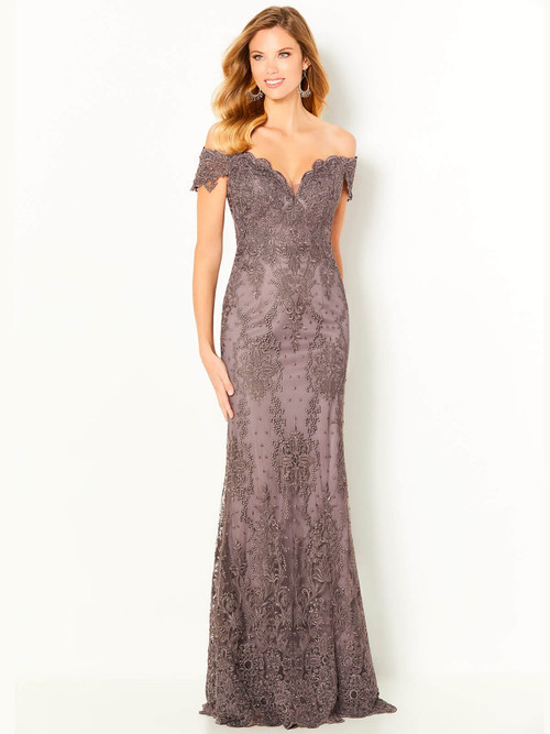 Mocha gown with off-shoulder scalloped lace and tonal beaded embroidery throughout Mocha gown with off-shoulder scalloped lace and tonal beaded embroidery throughout