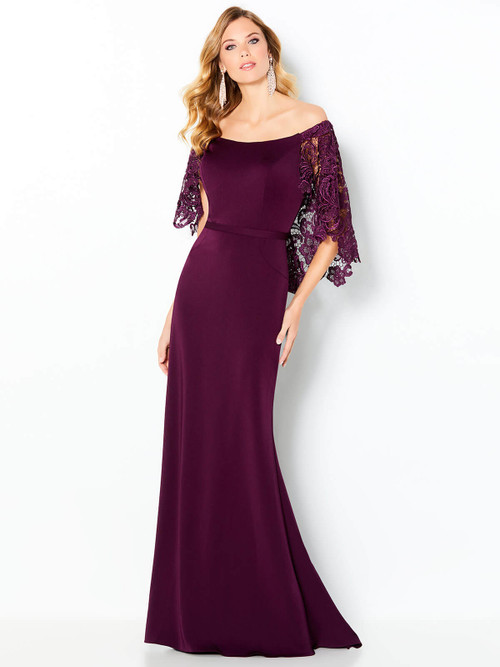 Off-shoulder gown with floral lace capelet and a softly flared silhouette