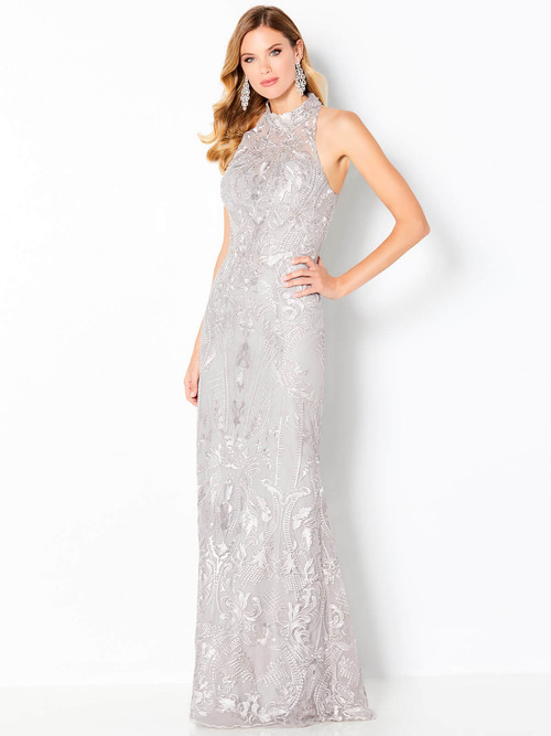 Silver gown with high halter neckline and ornate tonal embroidery on mesh overlay