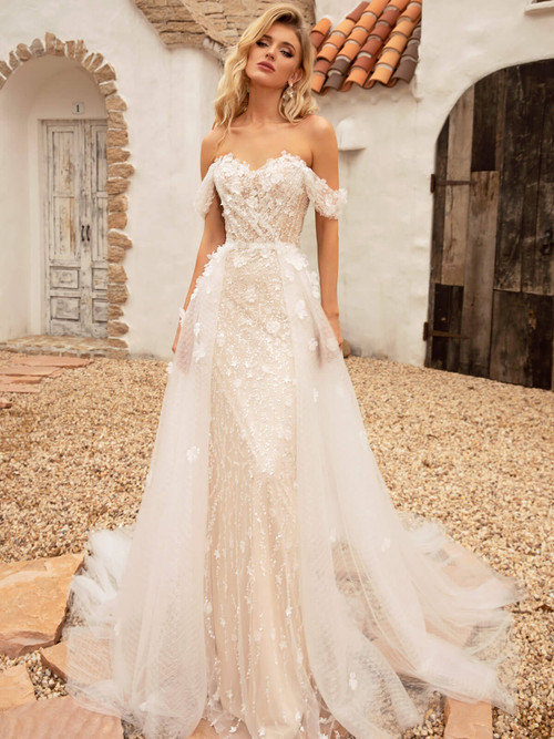 Off the shoulder Ivory wedding dress with brocade textured pattern-  Flagship Mori Lee stockist