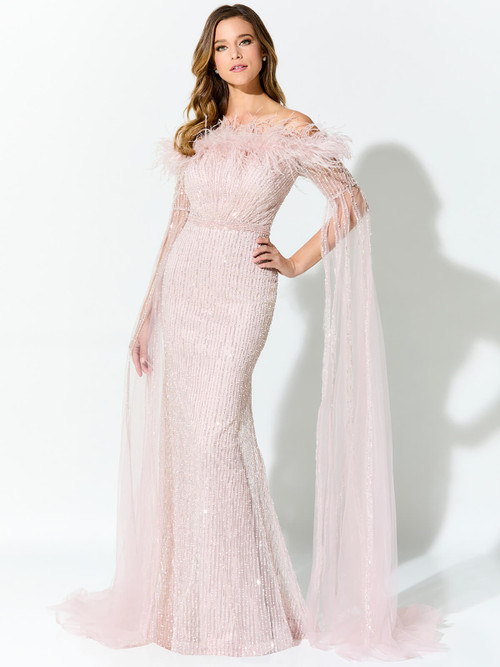 Blush beaded gown glows with feathers at the neckline and sheer cape-style sleeves