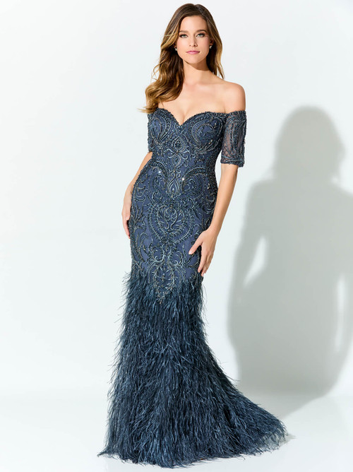 Off-shoulder navy gown dazzles with ornate beading and a feathered flared hemline Off-shoulder navy gown dazzles with ornate beading and a feathered flared hemline
