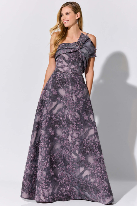 Brocade organza gown features sculpted one-shoulder ruffles and lavender floral texture in a flowing A-line