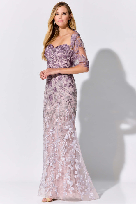 Lavender lace blooms over nude mesh in this soft gown with sheer floral shawl Lavender lace blooms over nude mesh in this soft gown with sheer floral shawl