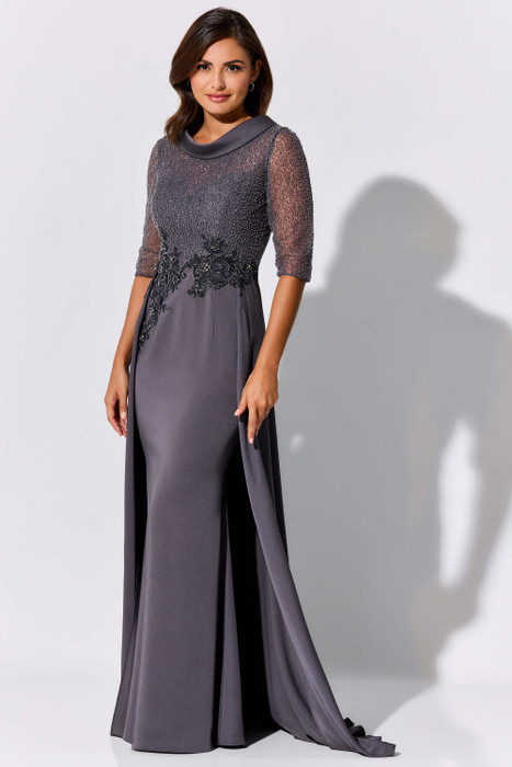 Beaded bodice with a soft cowl neckline meets a draped jersey skirt, lace applique, and detachable sheer sleeves