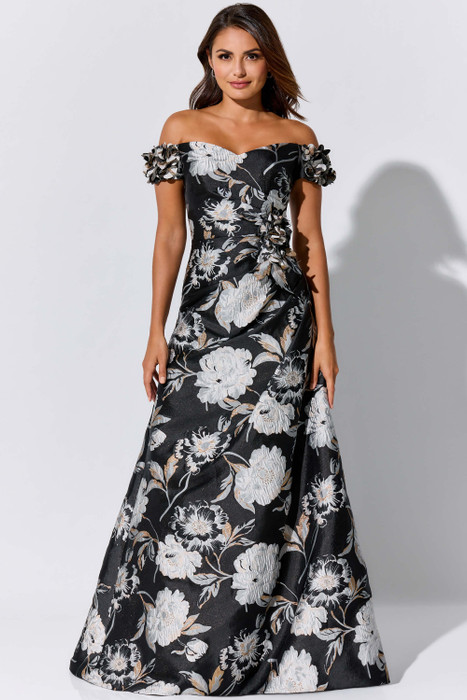 Black jacquard blooms with ivory florals and dimensional rosettes on the off-shoulder sleeves Black jacquard blooms with ivory florals and dimensional rosettes on the off-shoulder sleeves