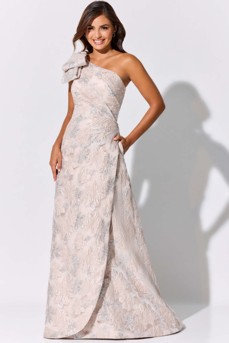 Chic one-shoulder gown with silver textured florals and a sculpted oversized bow Chic one-shoulder gown with silver textured florals and a sculpted oversized bow