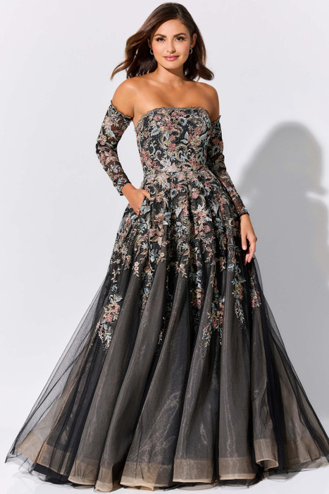 Black tulle ball gown blooms with multicolor embroidery and sheer detachable sleeves Black tulle ball gown blooms with multicolor embroidery and sheer detachable sleeves