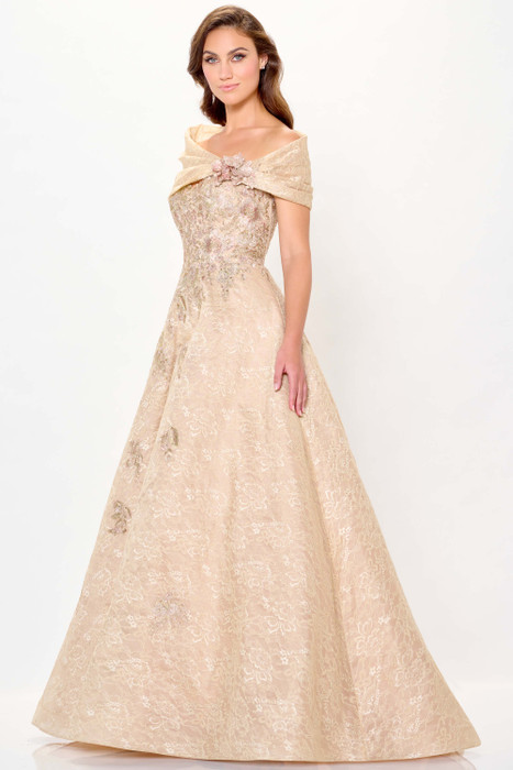 Champagne A-line gown dazzles with floral beading and a softly draped shoulder wrap Champagne A-line gown dazzles with floral beading and a softly draped shoulder wrap