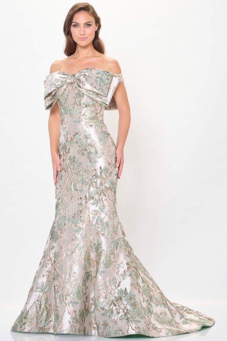 Shimmering jacquard blooms with an oversized bow and sculpted off-shoulder neckline.
