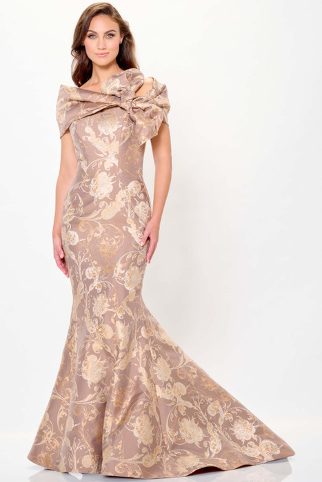 Sculpted jacquard gown with statement detachable bow draped at the neckline for dramatic elegance Sculpted jacquard gown with statement detachable bow draped at the neckline for dramatic elegance