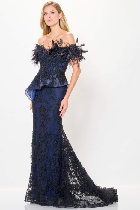Navy off-shoulder gown with feather neckline and embroidered lace overlay Navy off-shoulder gown with feather neckline and embroidered lace overlay