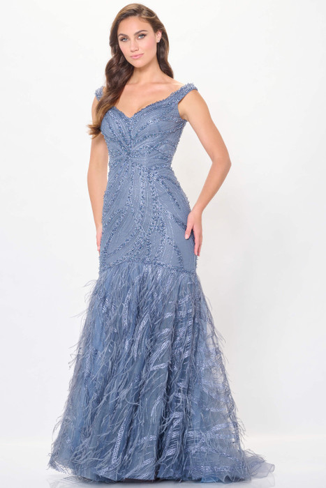 Steel blue gown with V-neck, beaded bodice, and feathered trumpet skirt