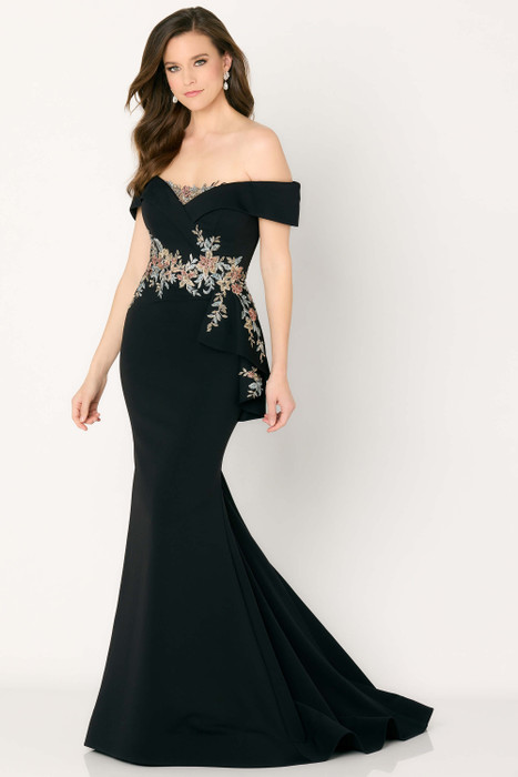 Black off-shoulder gown with multicolor floral embroidery and peplum accent