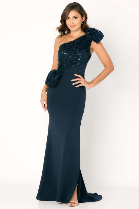 Sculpted one-shoulder gown with sequin-draped bodice and gathered floral accents