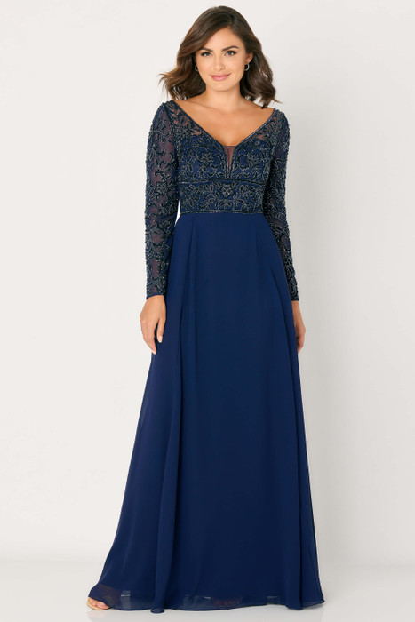 Beaded long sleeve bodice and illusion V-neckline top a flowing chiffon skirt