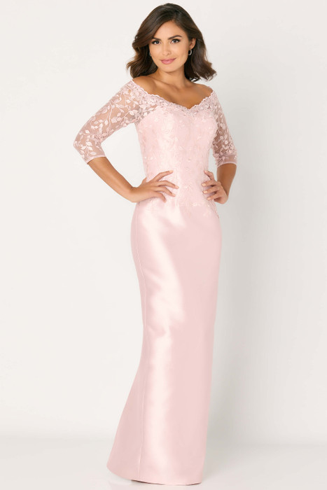 Blush gown with sheer floral sleeves and embroidered illusion neckline