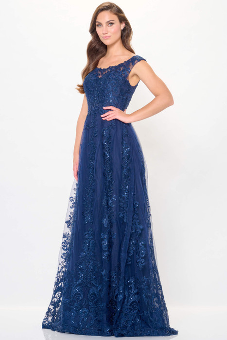 Navy lace gown with cap sleeves and embroidered tulle overlay for classic elegance