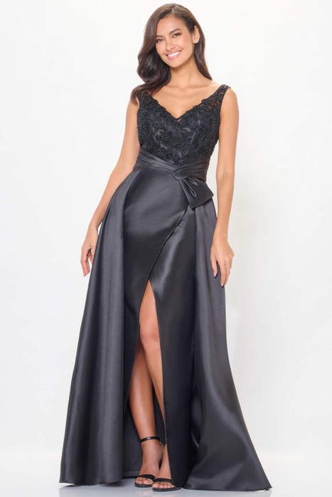 Beaded lace bodice and wrapped satin skirt with slit, and detachable train define this black evening gown