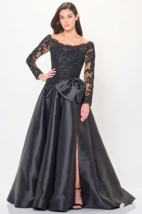 Sequin lace bodice and satin A-line skirt meet in this dramatic gown with bow detail