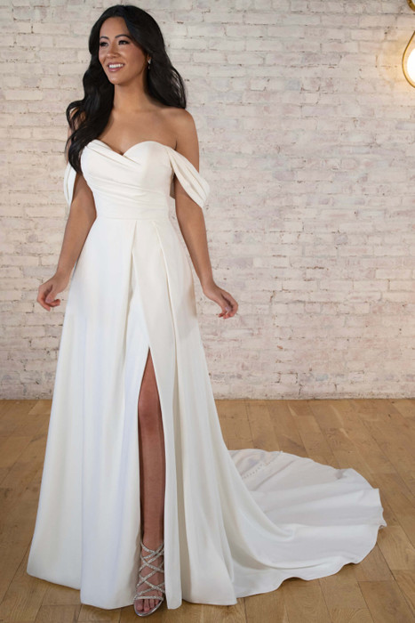 Off-shoulder A-line gown with pleated bodice and front slit