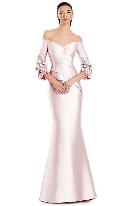 Soft blush pink colorway with off-shoulder styling and romantic ruffle sleeves.