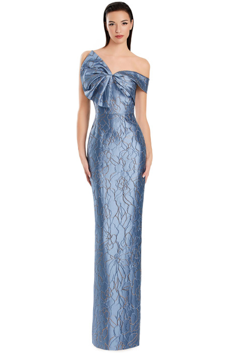 Elegant dusty blue metallic dress featuring romantic off-shoulder design with charming bow accent. Elegant dusty blue metallic dress featuring romantic off-shoulder design with charming bow accent.