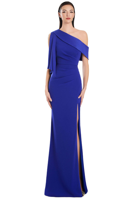 Vibrant royal blue one-shoulder gown with dramatic cape detail and sleek front slit.