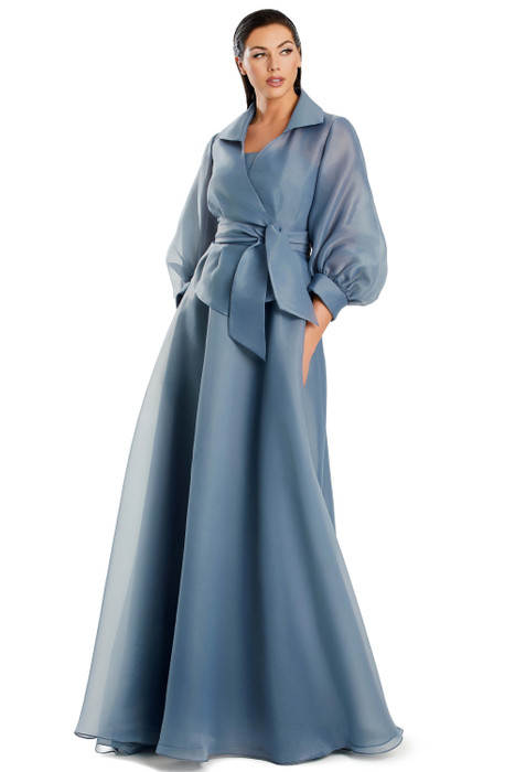 Dusty blue organza gown with wrap jacket, puff sleeves, and wide sash at the waist Dusty blue organza gown with wrap jacket, puff sleeves, and wide sash at the waist