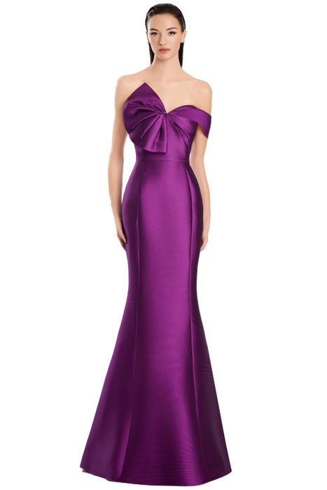 Strapless fitted gown in deep purple with dramatic oversized bow bodice Strapless fitted gown in deep purple with dramatic oversized bow bodice