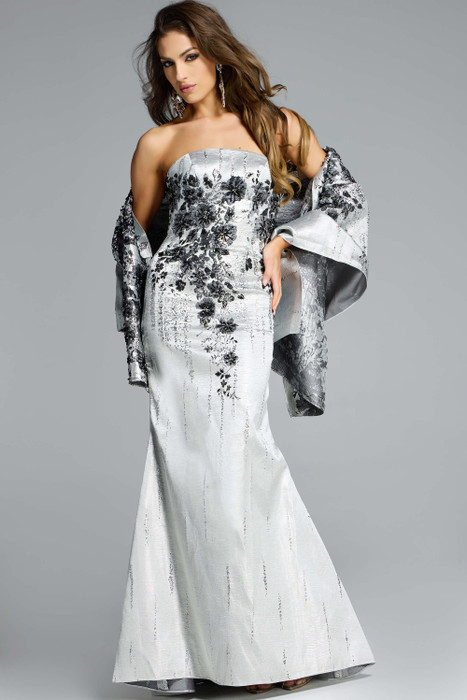 Jovani 40166 strapless black and silver jacquard gown with floral beading and fit-and-flare silhouette