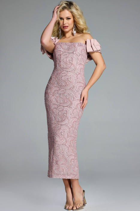 Jovani 41044 mauve off-shoulder midi dress with beaded lace and bow sleeve detail.