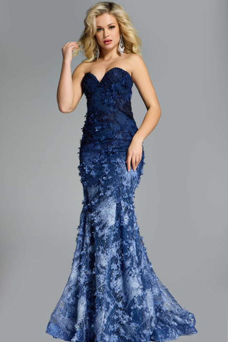 Side angle of Jovani 42740 emphasizing sculpted silhouette and shimmering lace details Side angle of Jovani 42740 emphasizing sculpted silhouette and shimmering lace details