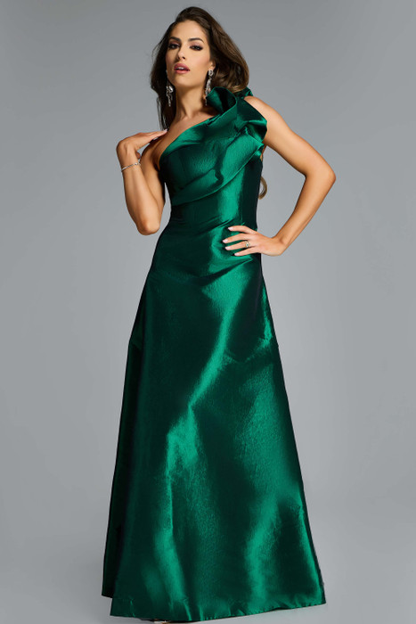 Jovani 43048 green one-shoulder A-line gown with dramatic ruffle and smooth satin finish. Jovani 43048 green one-shoulder A-line gown with dramatic ruffle and smooth satin finish.