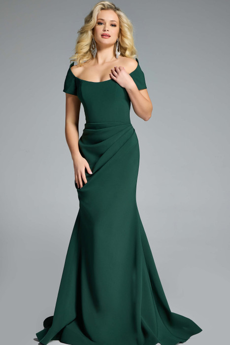 Jovani 43370 hunter green off-shoulder mermaid gown with ruched hip and soft scoop neckline. Jovani 43370 hunter green off-shoulder mermaid gown with ruched hip and soft scoop neckline.