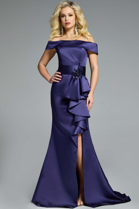 Jovani 43806 navy off-shoulder satin gown with side ruffle, high slit, and beaded waist detail. Jovani 43806 navy off-shoulder satin gown with side ruffle, high slit, and beaded waist detail.