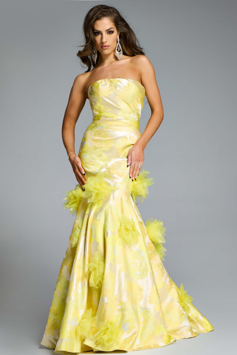 Jovani 44351 strapless yellow mermaid gown with floral appliqués and jacquard-inspired metallic texture.