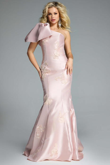 Jovani 44354 blush one-shoulder mermaid gown with oversized sculpted bow and floral appliqué