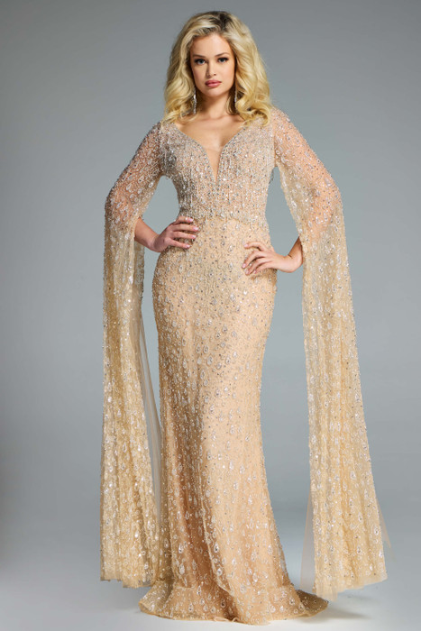 Jovani 44844 mother of the bride gown front view with deep V-neckline, cape sleeves, and allover embellishments Jovani 44844 mother of the bride gown front view with deep V-neckline, cape sleeves, and allover embellishments